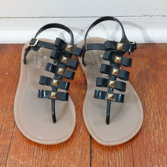 Kate Spade Black Ladder Bow Gold Studded Jelly Sandals Size 6 - Picture 1 of 8